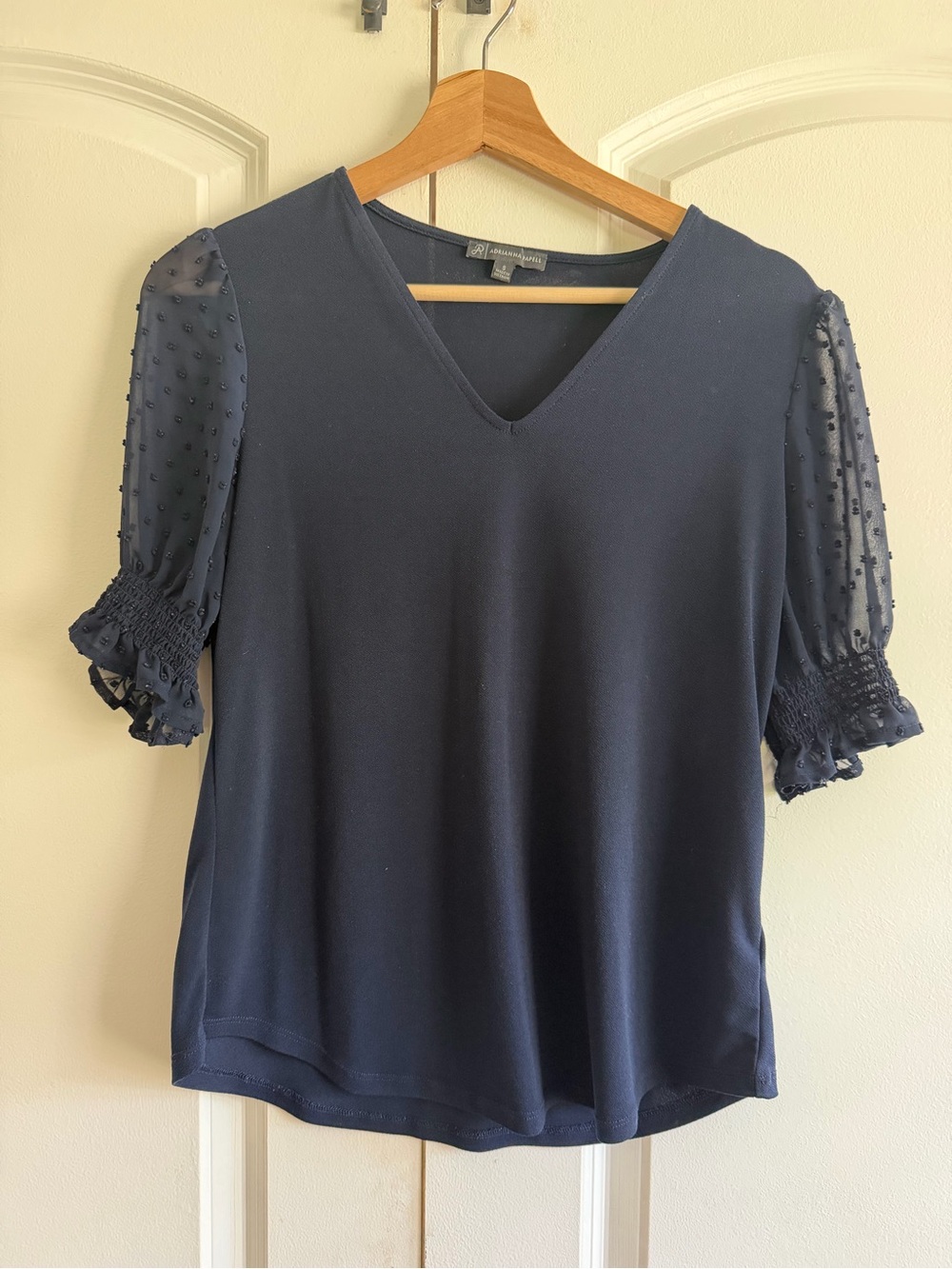Adrianna Papell Navy Blue V-Neck Top with Sheer Dot Puff Sleeves